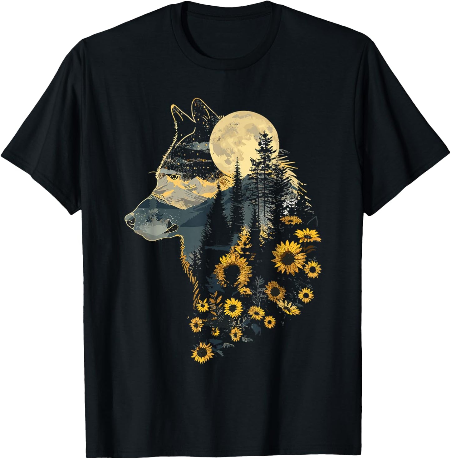 Cute Wolf Floral Sunflower Wolves T-Shirt - T-Shirt | Black