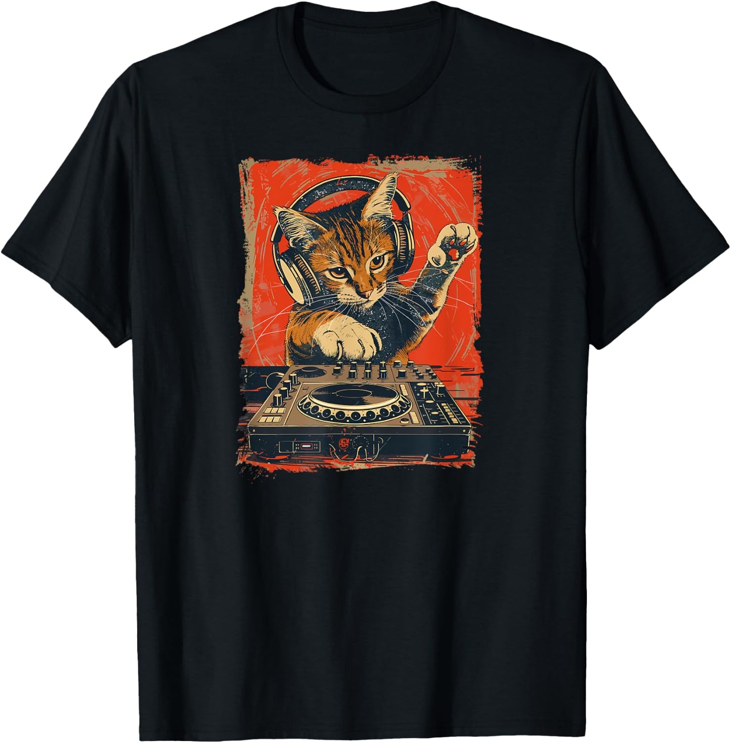 Funny DJ Cat Disco Sound Tech Headphone Music Men Women T-Shirt - T-Shirt | Black
