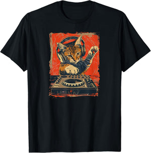 Funny DJ Cat Disco Sound Tech Headphone Music Men Women T-Shirt - T-Shirt | Black