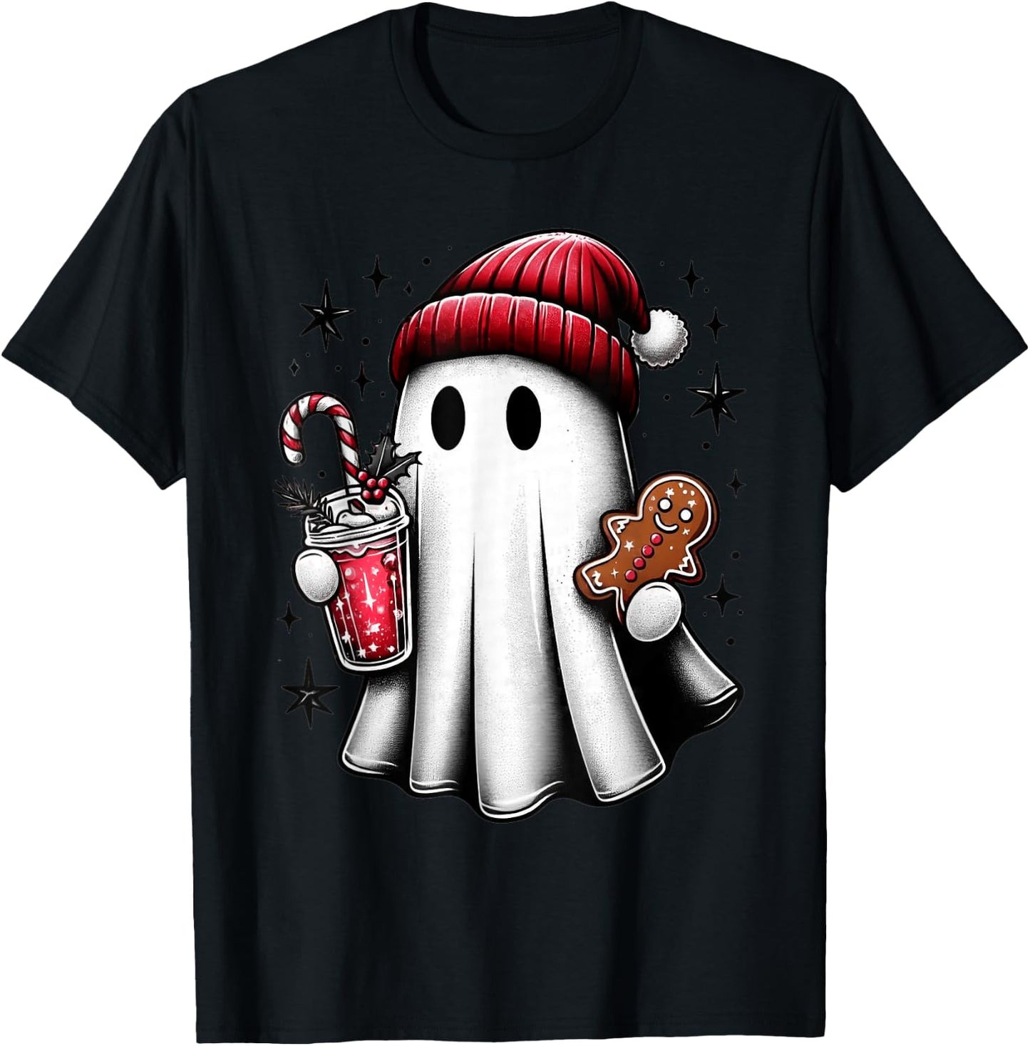 Cute Santa Ghost Drinking Coffee Ice Coffee Christmas Pajama T-Shirt - T-Shirt | Black
