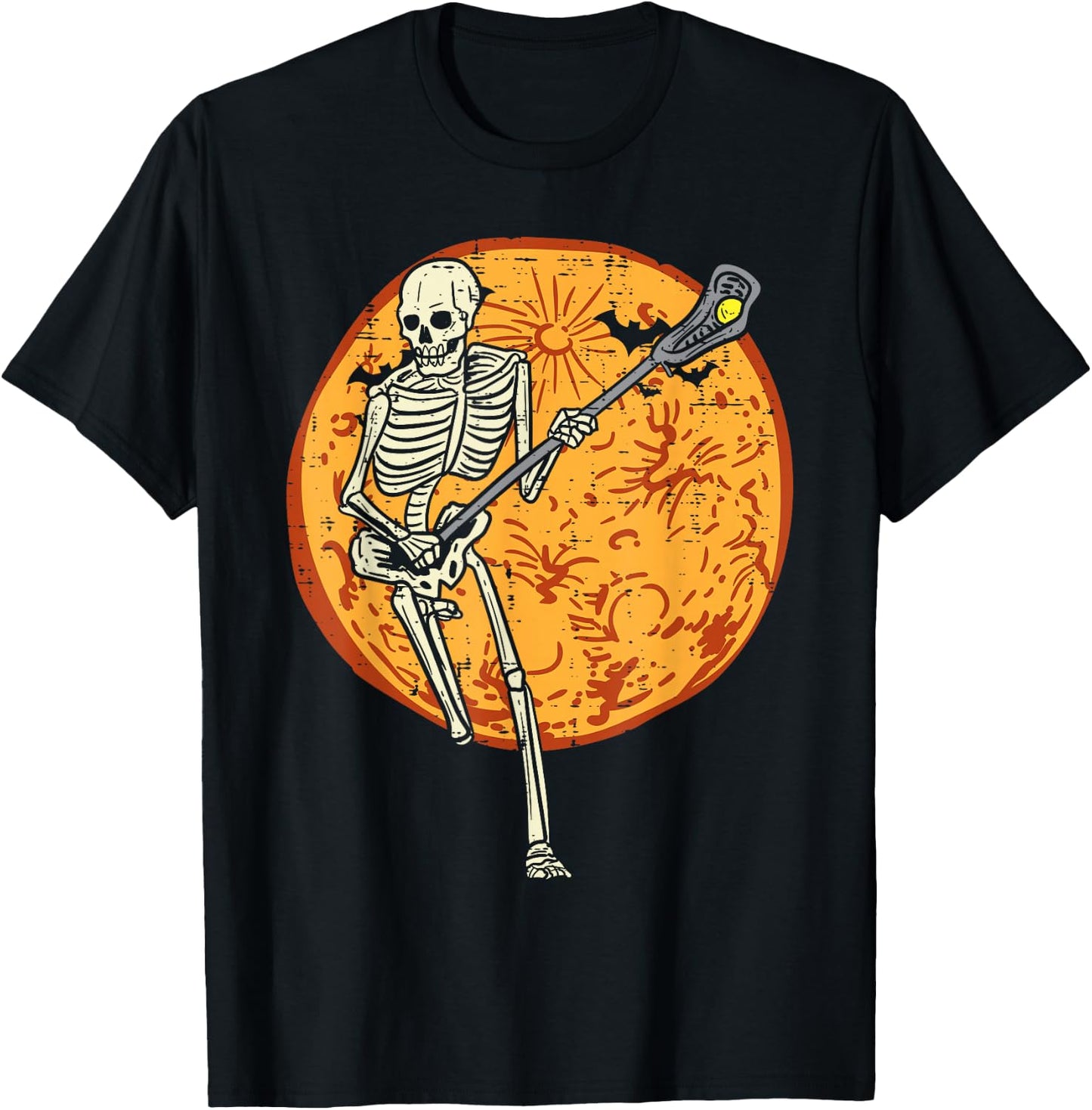 Lacrosse Skeleton Full Moon Sports Halloween Men Women T-Shirt - T-Shirt | Black