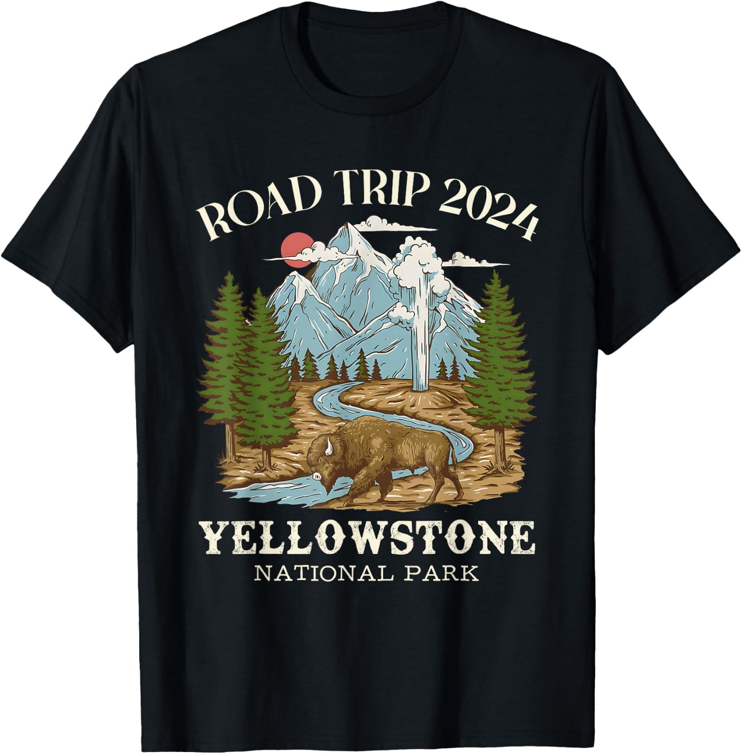 Road Trip 2024 Yellowstone National Park Wilderness Nature , Small, Black T-Shirt - T-Shirt | Black
