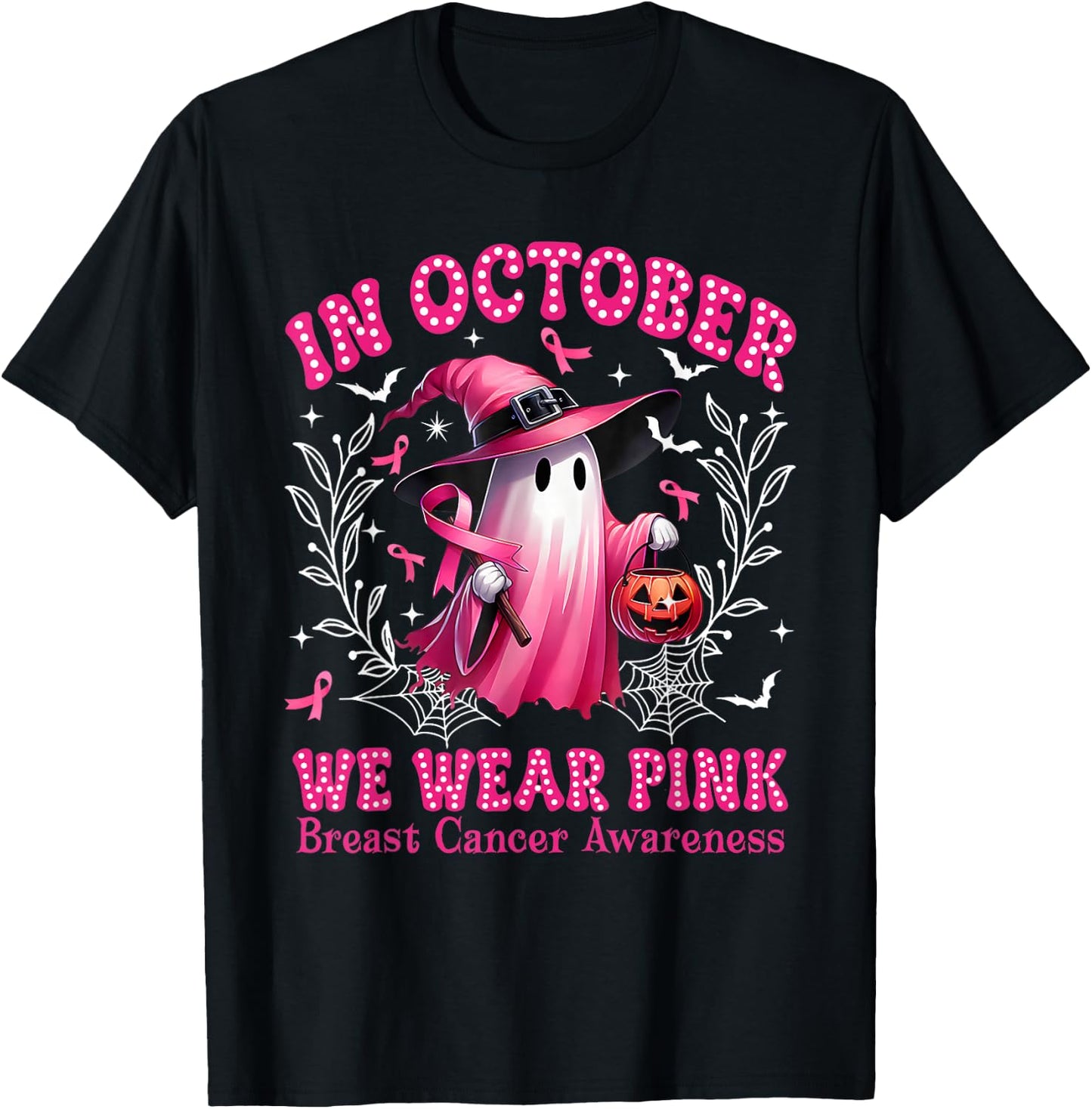 In October We Wear Pink Ghost Witch Breast Cancer Awareness T-Shirt - T-Shirt | Black