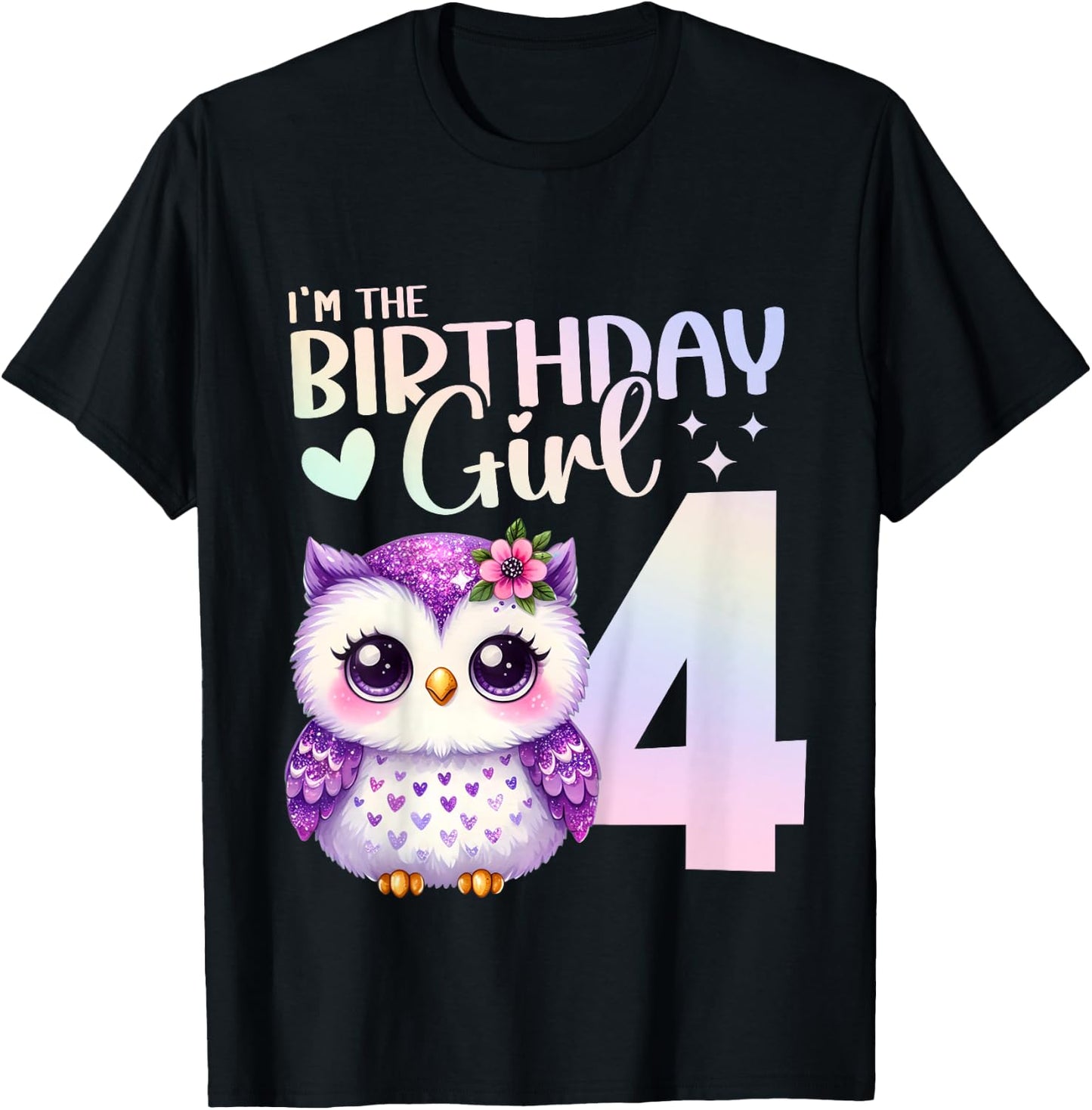 4th Birthday Owl Animals Fourth birthday girl 4 years T-Shirt - T-Shirt | Black