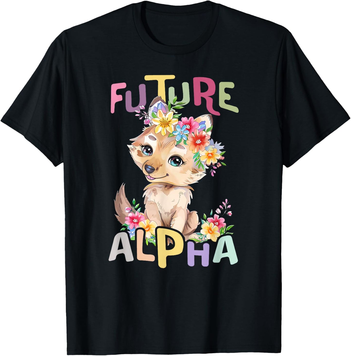Future Alpha Wolf with Flowers Cute Wolves Animal Moon T-Shirt - T-Shirt | Black