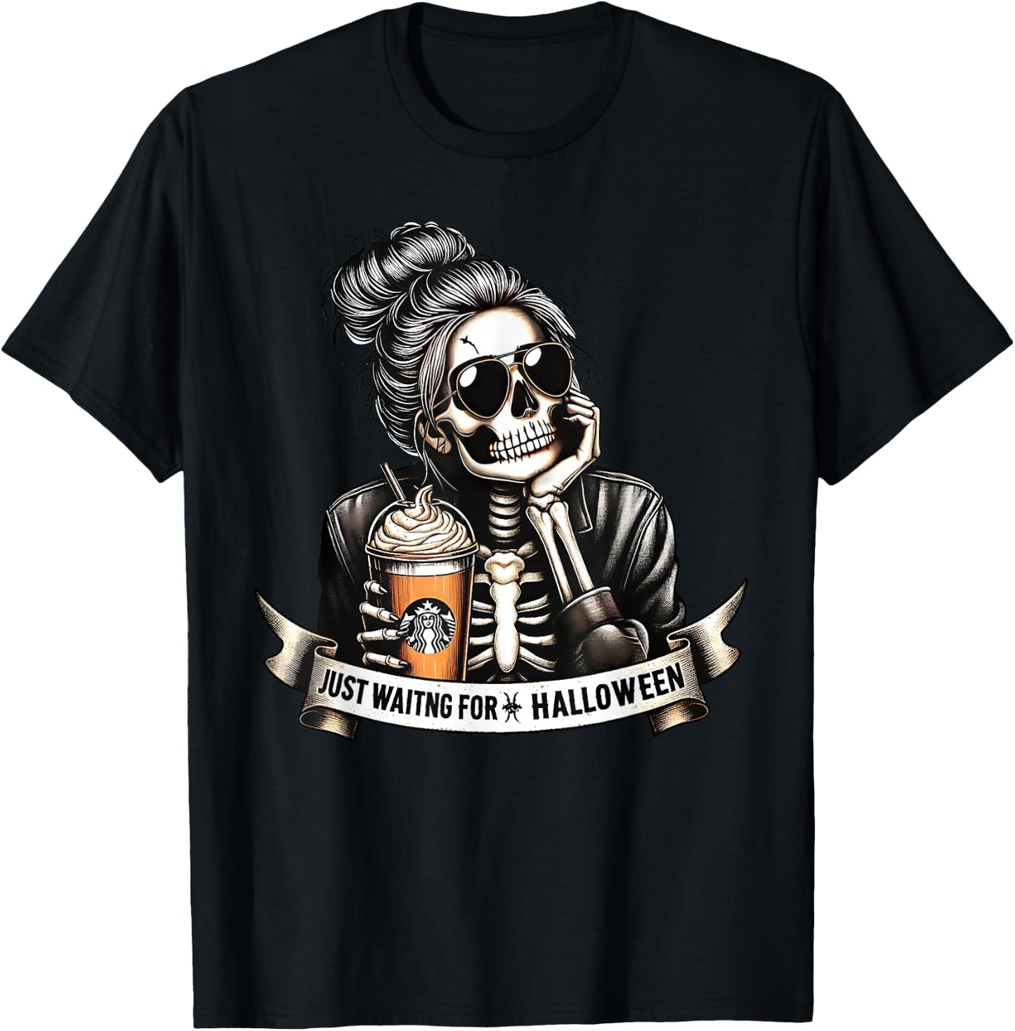 Just Waiting For Halloween Spooky Season Skeleton Coffee T-Shirt - T-Shirt | Black