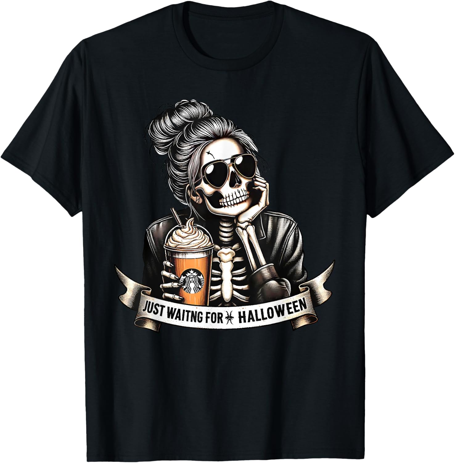 Just Waiting For Halloween Spooky Season Skeleton Coffee T-Shirt - T-Shirt | Black