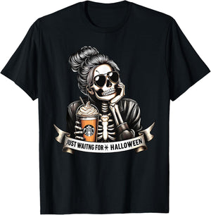 Just Waiting For Halloween Spooky Season Skeleton Coffee T-Shirt - T-Shirt | Black