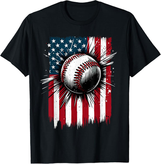 Patriotic Baseball 4th of July USA American Flag Men Boy Kid T-Shirt - T-Shirt | Black