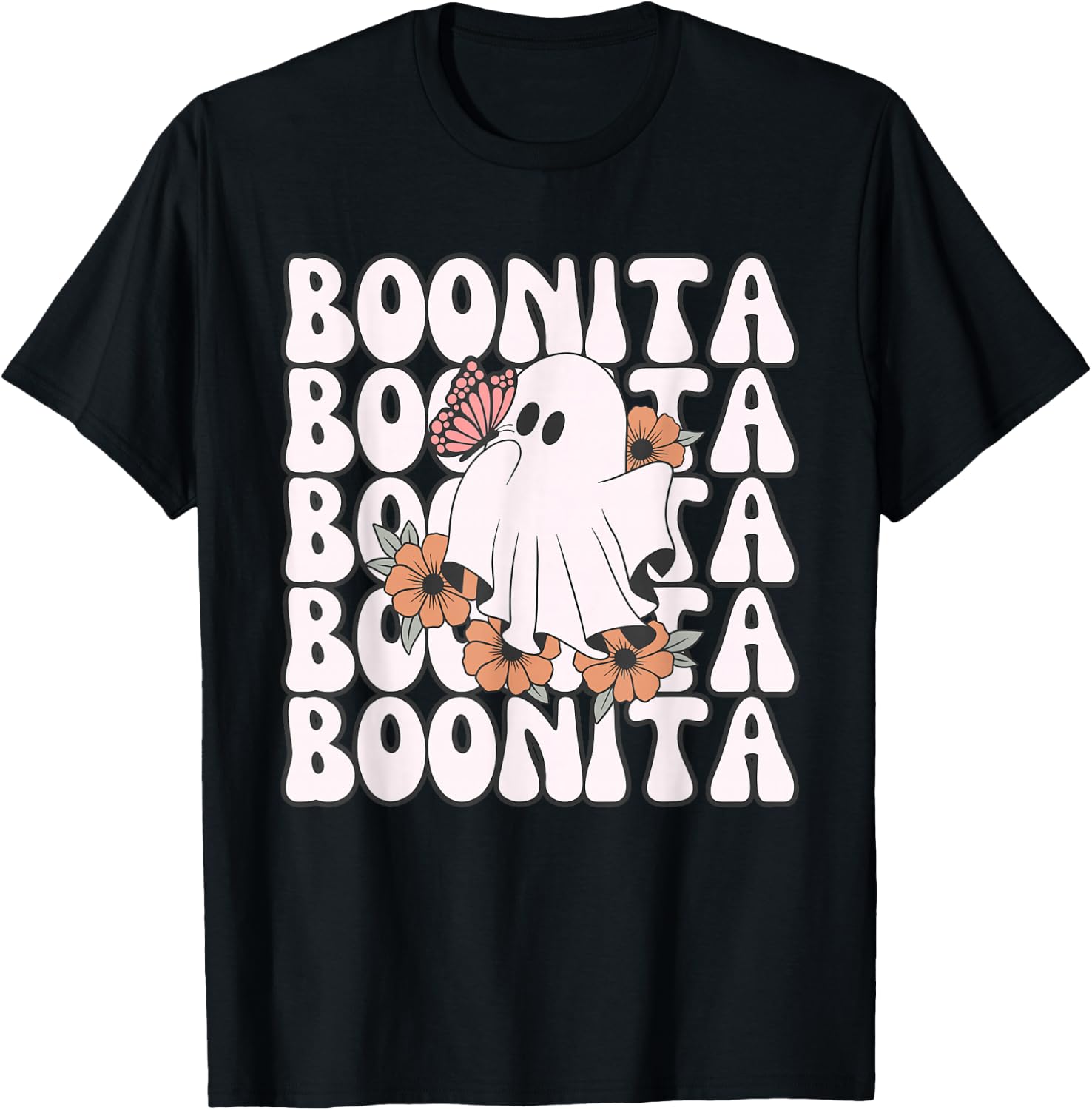 Boonita Halloween Ghost Floral Butterfly Boo Girls T-Shirt - T-Shirt | Black