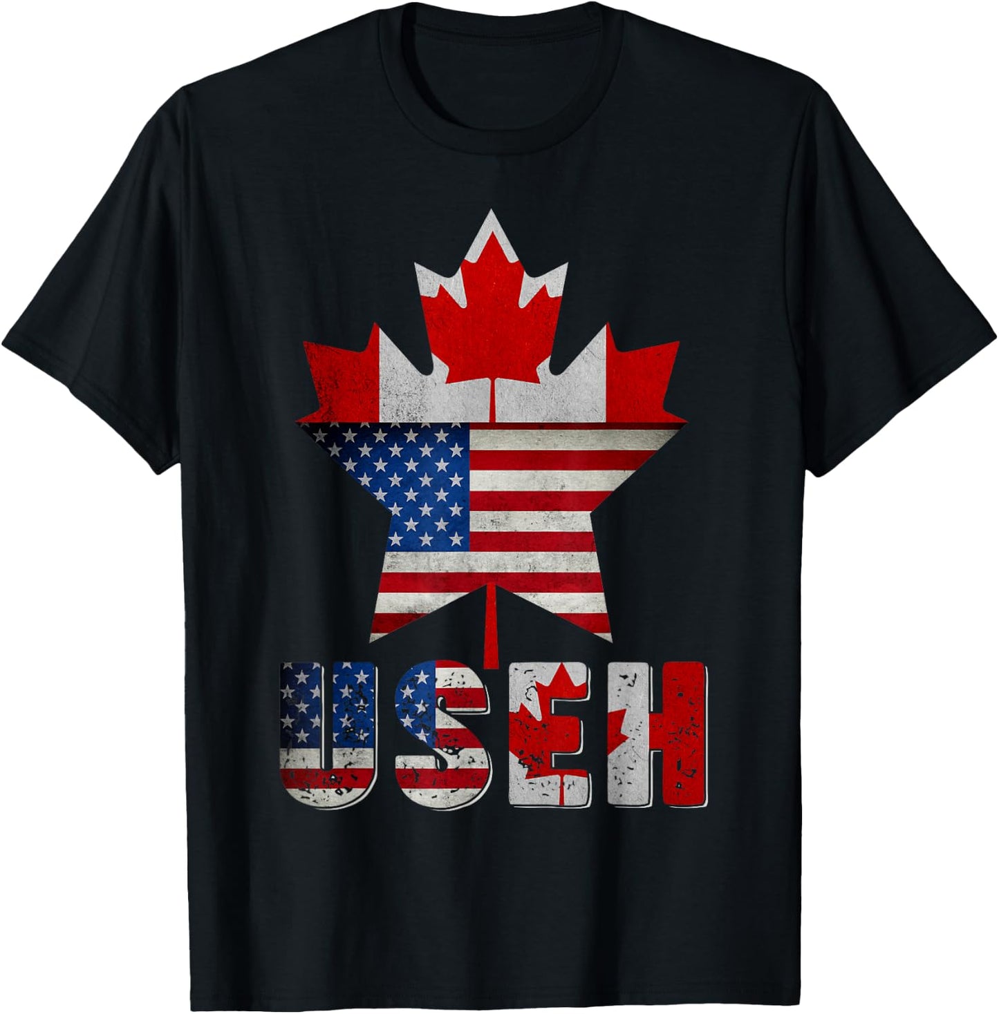 Funny US EH Maple Leaf Canadian USA American Flag Canada Day T-Shirt - T-Shirt | Black