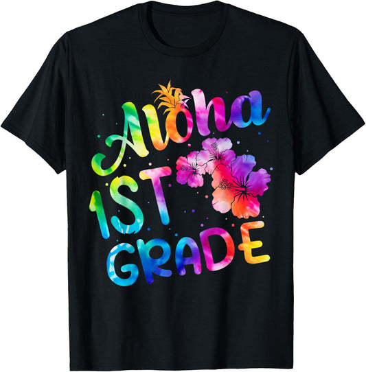 Tie Dye Aloha 1st Grade Teacher Kids Back To School T-Shirt - T-Shirt | Black