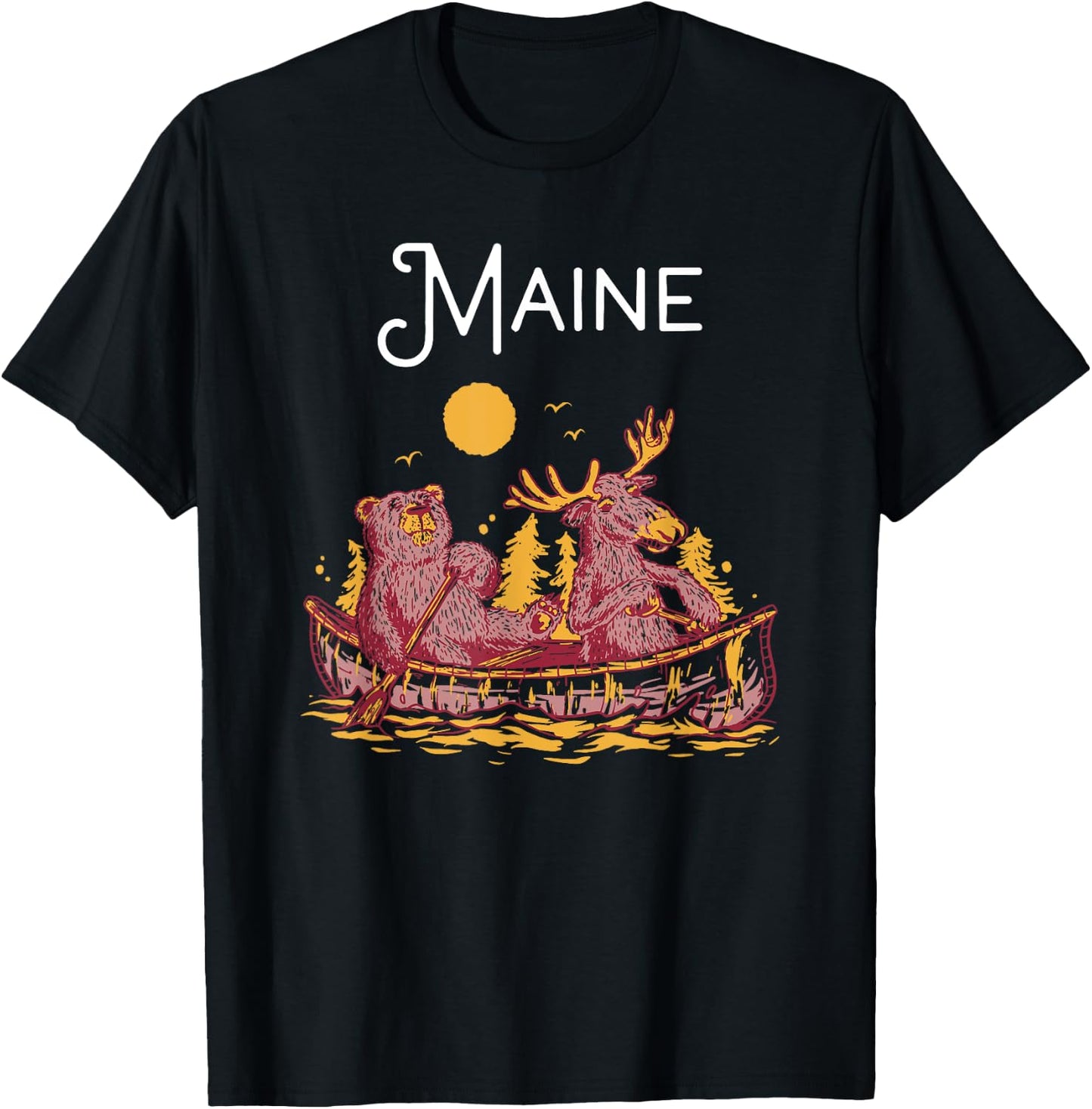 Maine Shirt Funny Canoe Moose Elk Bear Lake Canoeing T-Shirt - T-Shirt | Black