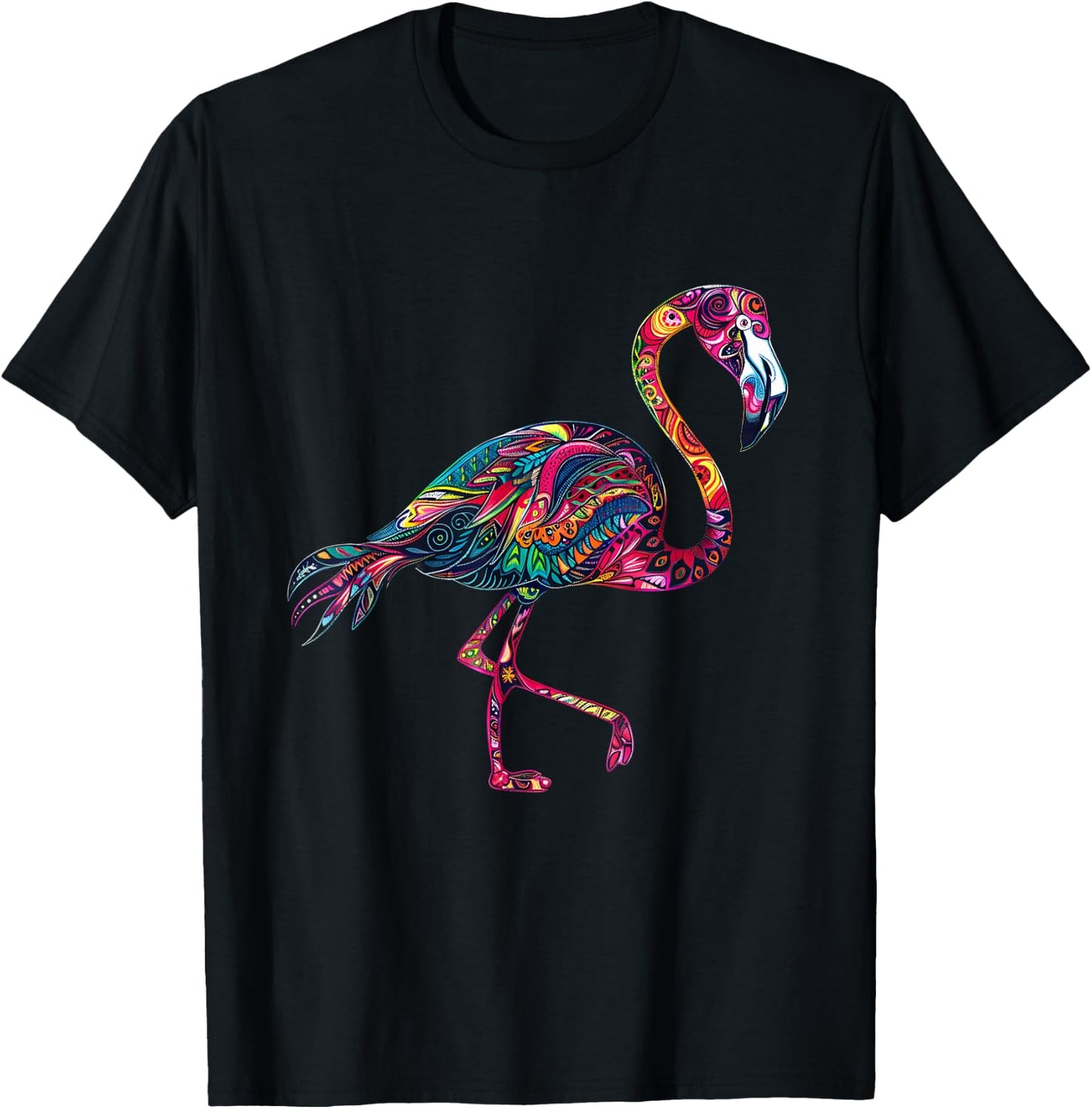 Pink Flamingo Bird Animal Print Colourful Motif Artwork T-Shirt - T-Shirt | Black