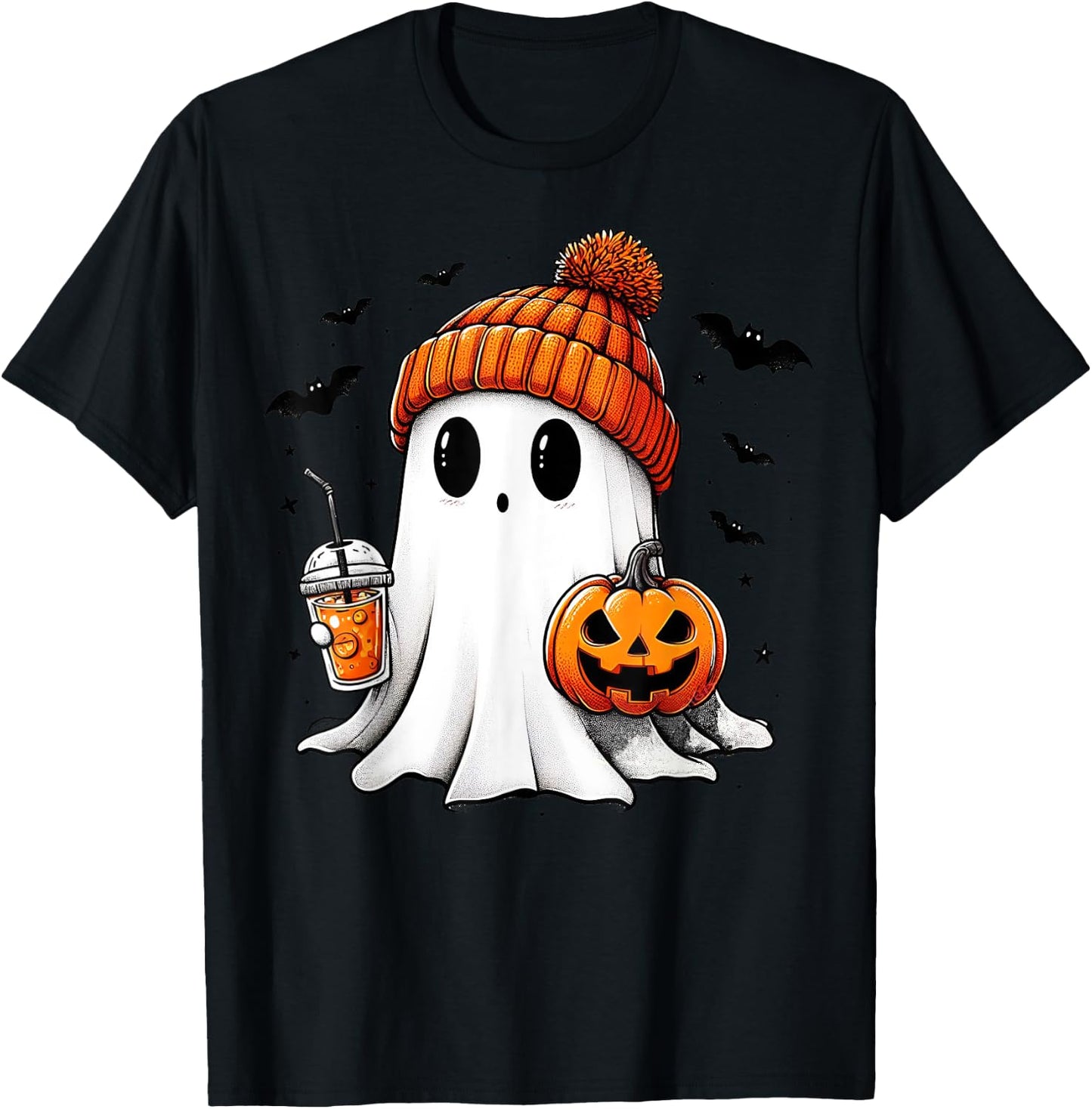 Cute Ghost Drinking Coffee Halloween Ghost Ice Coffee T-Shirt - T-Shirt | Black