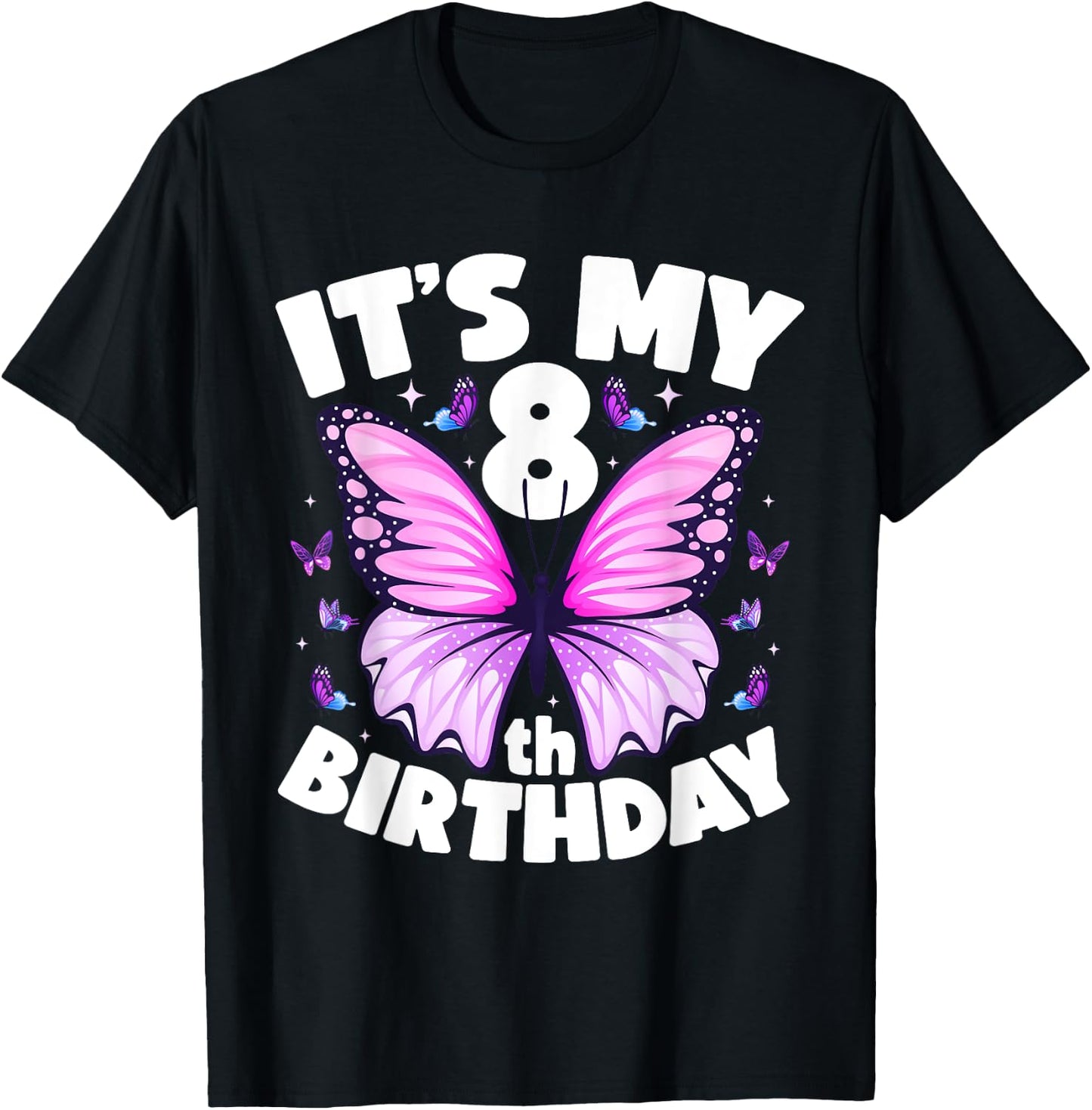 8th Birthday Shirt for Girls Butterfly 8 Year Old Birthday T-Shirt - T-Shirt | Black