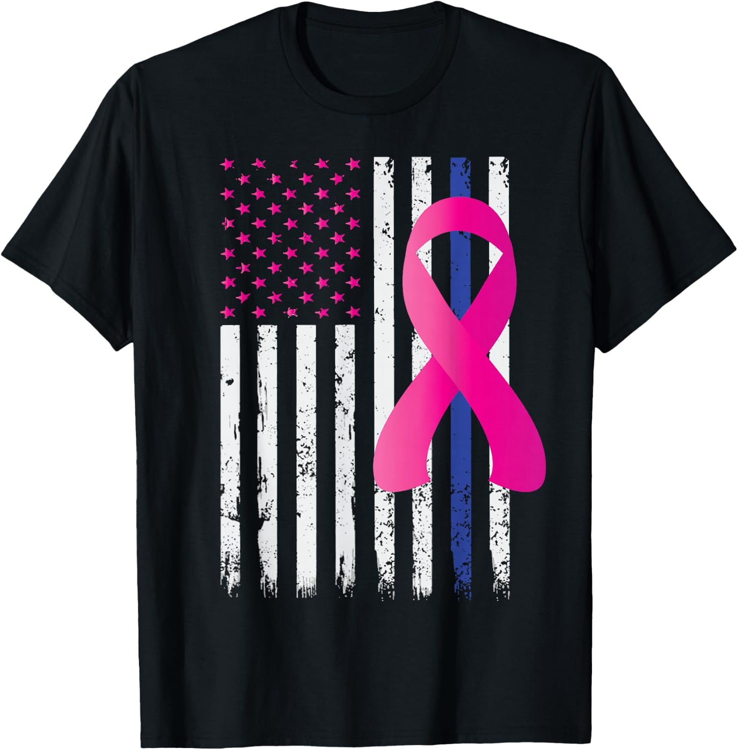 Breast Cancer Awareness Ribbon Thin Blue Line Police Flag T-Shirt - T-Shirt | Black