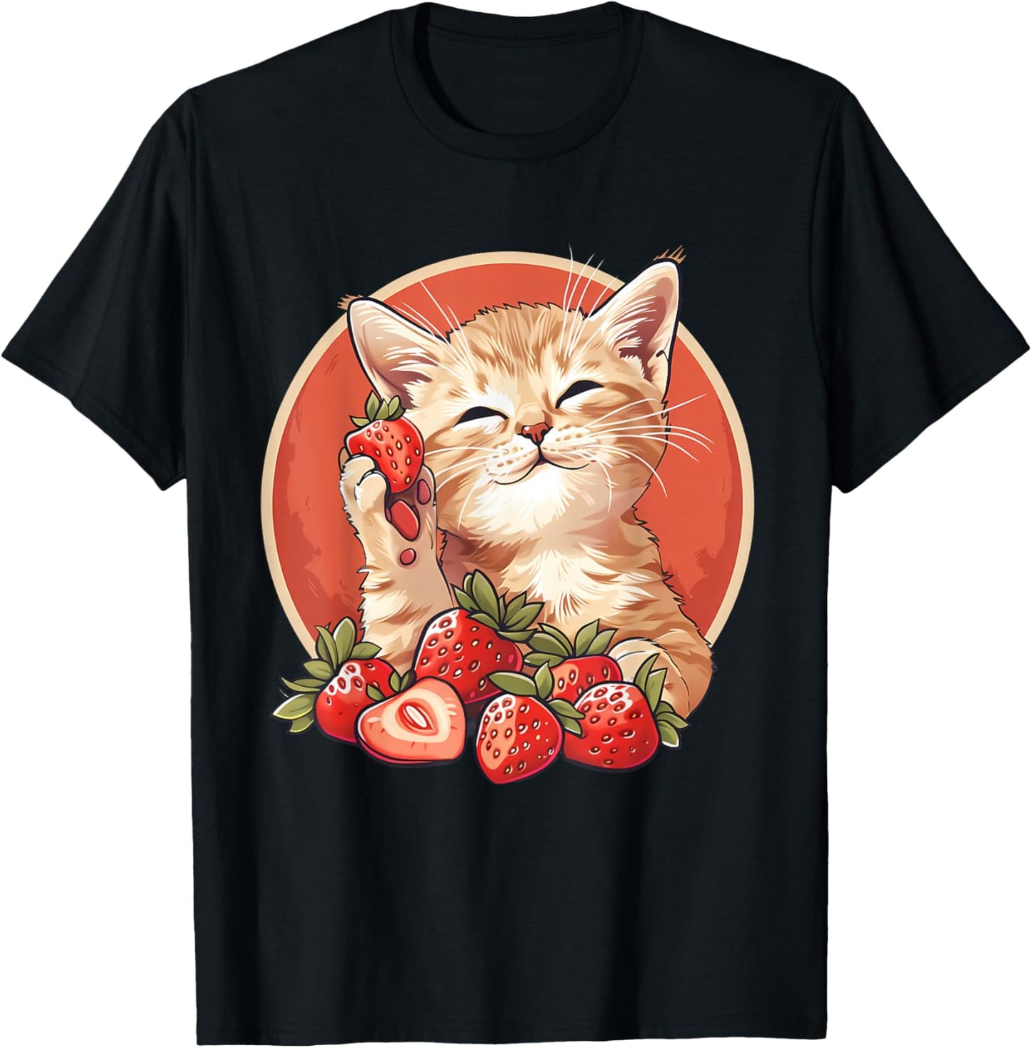 Strawberry Cat Portrait Animal Print Drawing Strawberries T-Shirt - T-Shirt | Black
