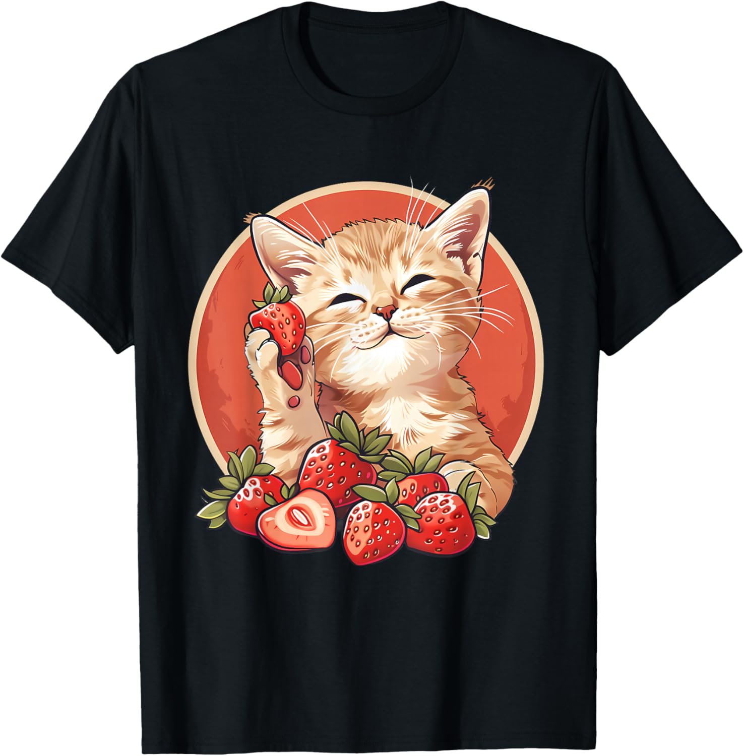 Strawberry Cat Portrait Animal Print Drawing Strawberries T-Shirt - T-Shirt | Black