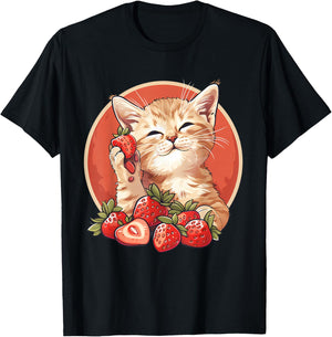 Strawberry Cat Portrait Animal Print Drawing Strawberries T-Shirt - T-Shirt | Black