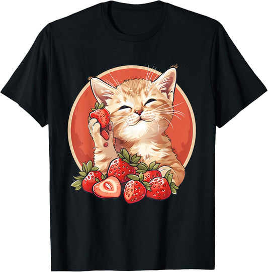 Strawberry Cat Portrait Animal Print Drawing Strawberries T-Shirt - T-Shirt | Black