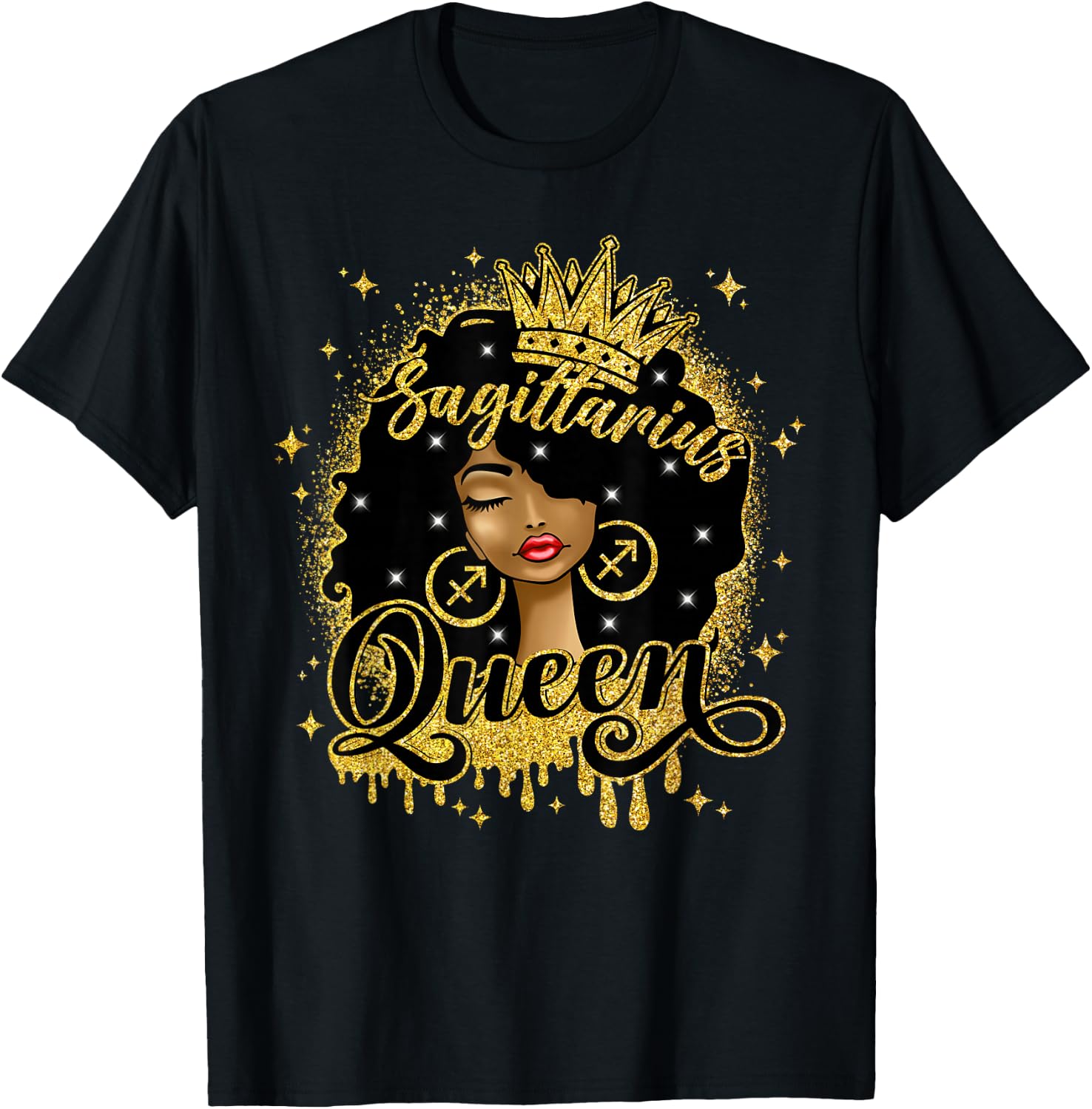 Sagittarius Queen Afro Natural Hair Girl Black Woman Zodiac T-Shirt - T-Shirt | Black