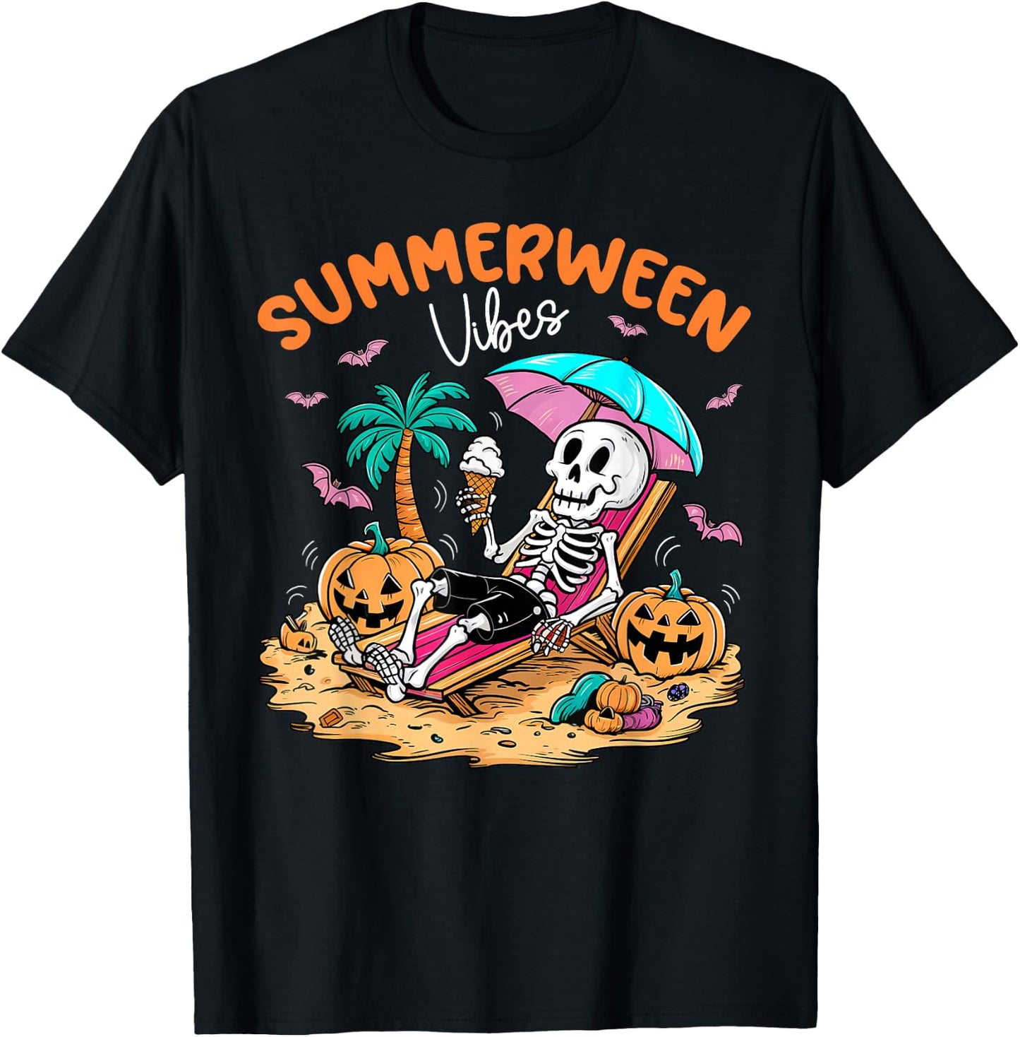 Summerween Halloween Skeleton Ice Cream Summer Vacation T-Shirt - T-Shirt | Black