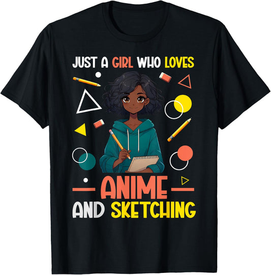Just A Girl Who Loves Anime And Sketching Afro Anime Merch T-Shirt - T-Shirt | Black