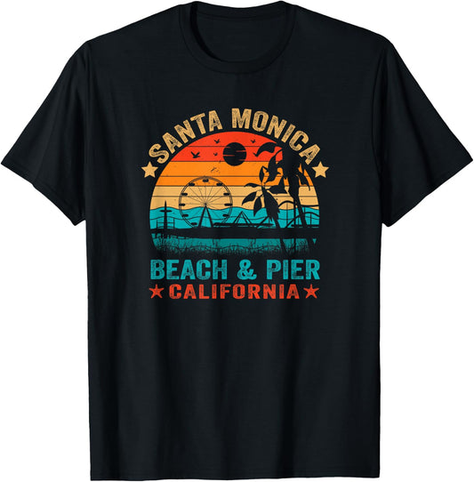 Santa Monica California USA Retro Beach Pier Ocean Sunset T-Shirt - T-Shirt | Black