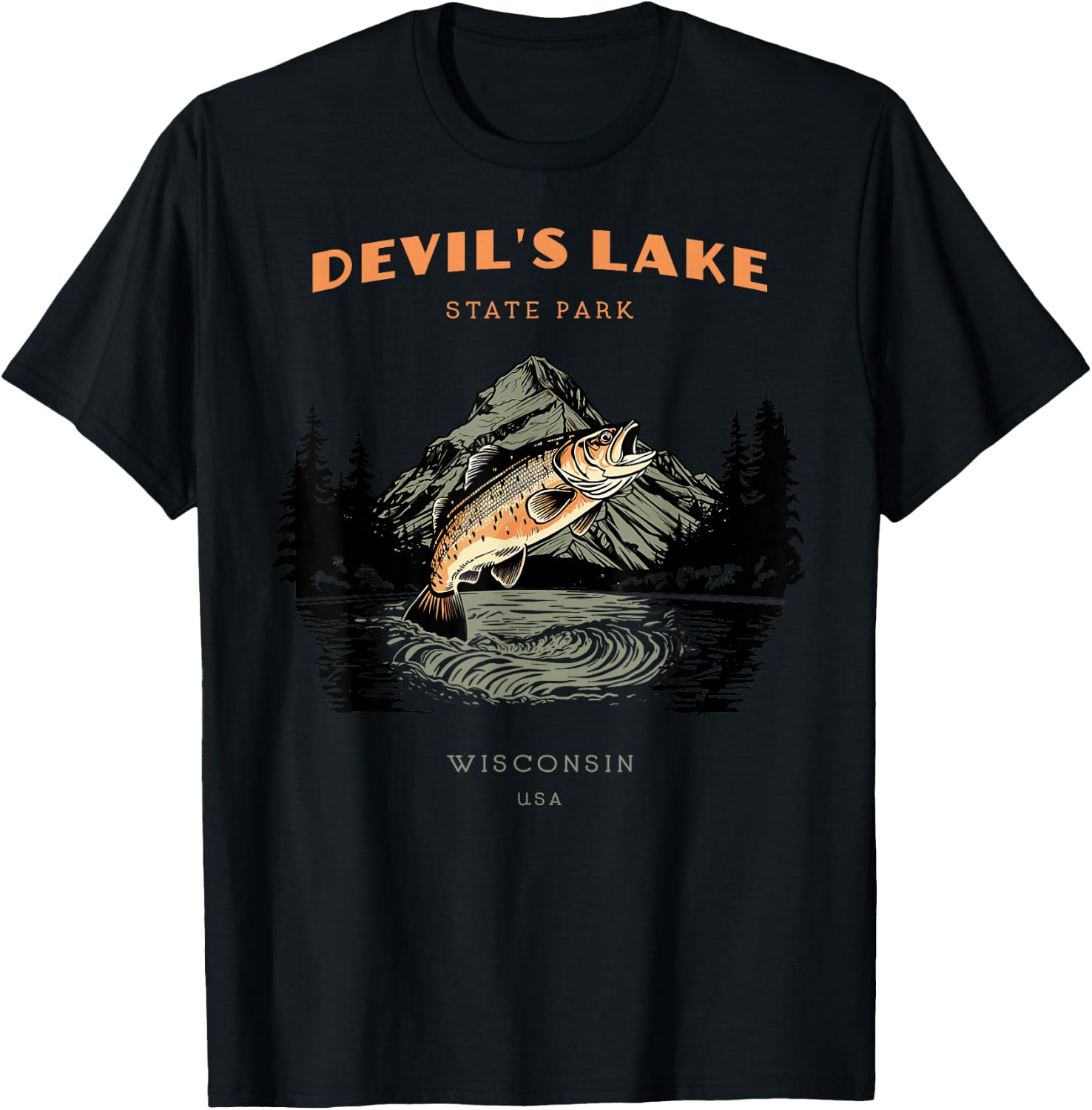 Devil's Lake State Park Wisconsin Retro Vintage Fishing T-Shirt - T-Shirt | Black