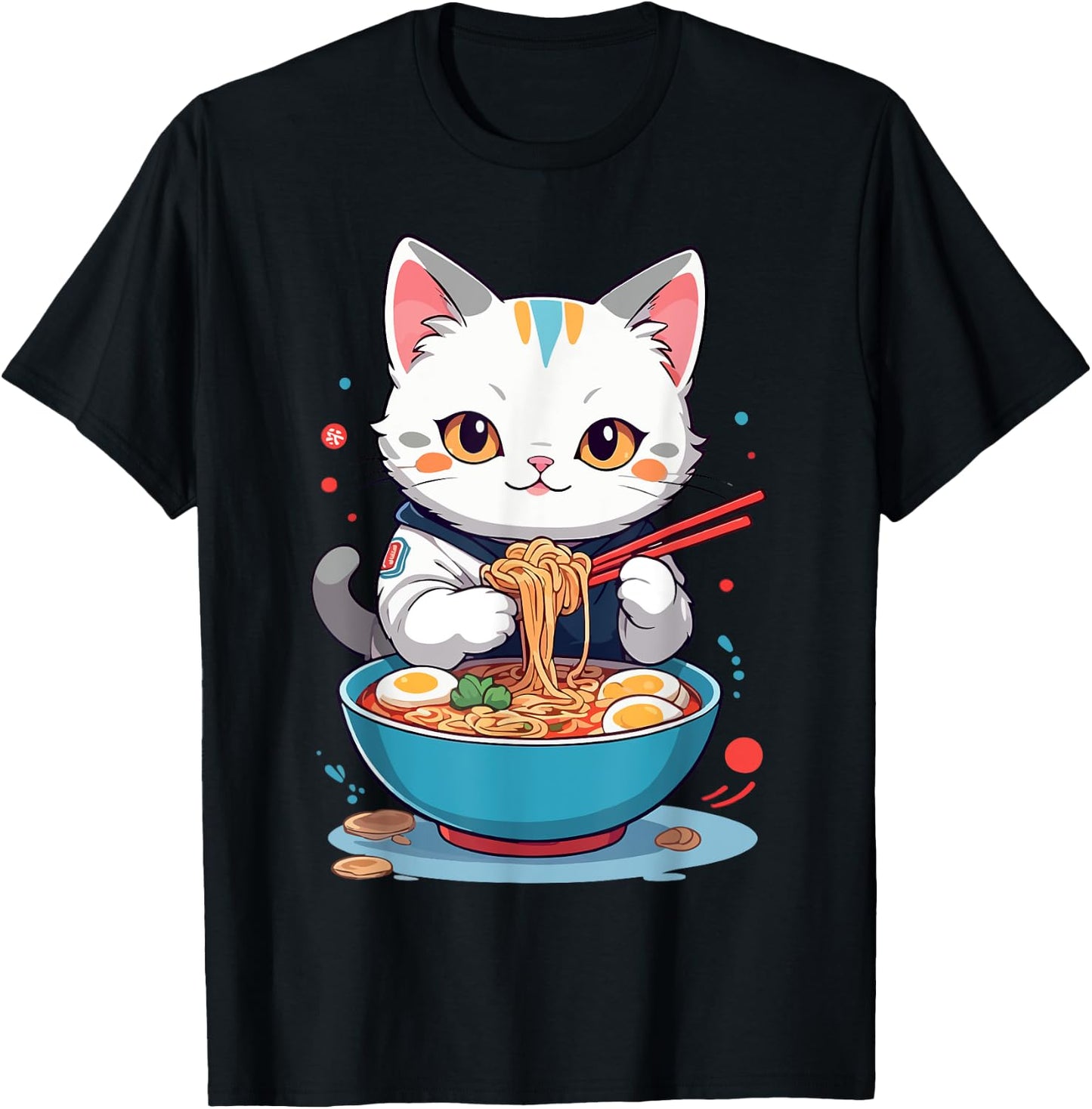 Cat Savoring Ramen Funny Pet Animals and Food Lover Design T-Shirt - T-Shirt | Black