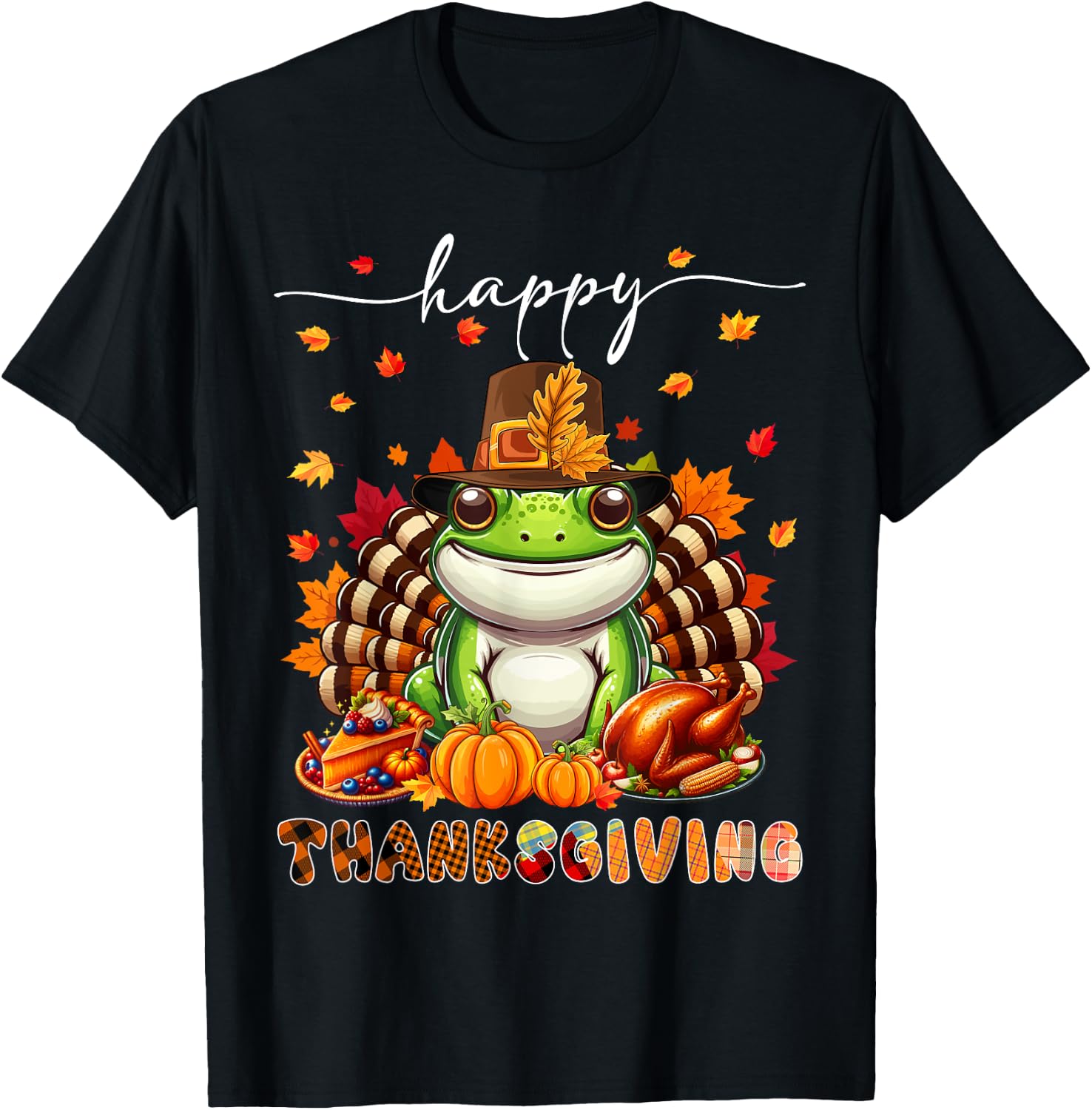 Happy Thanksgiving Frog Costume Turkey Fall Leaves Food T-Shirt - T-Shirt | Black