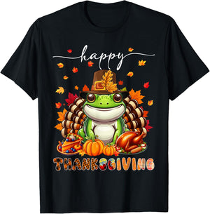 Happy Thanksgiving Frog Costume Turkey Fall Leaves Food T-Shirt - T-Shirt | Black