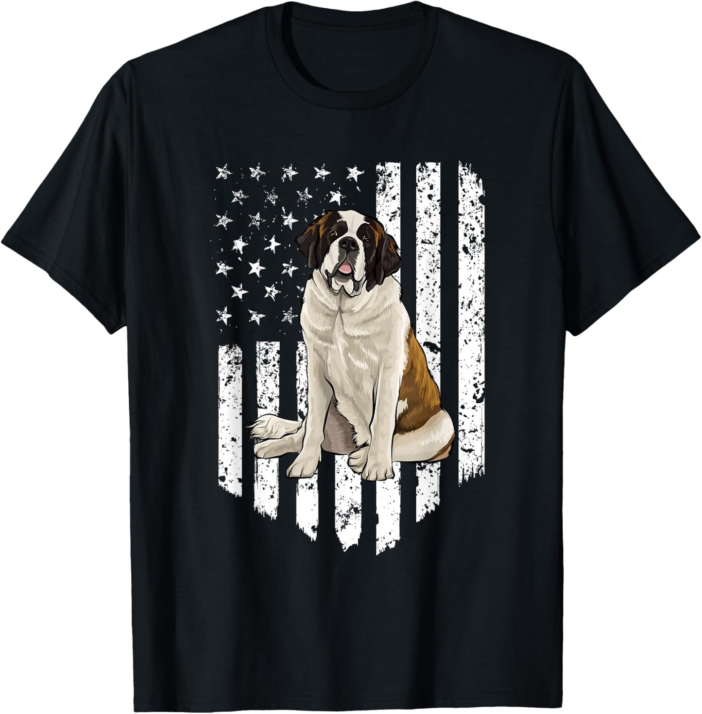 Black White American Flag St. Bernard 4th Of July USA T-Shirt - T-Shirt | Black
