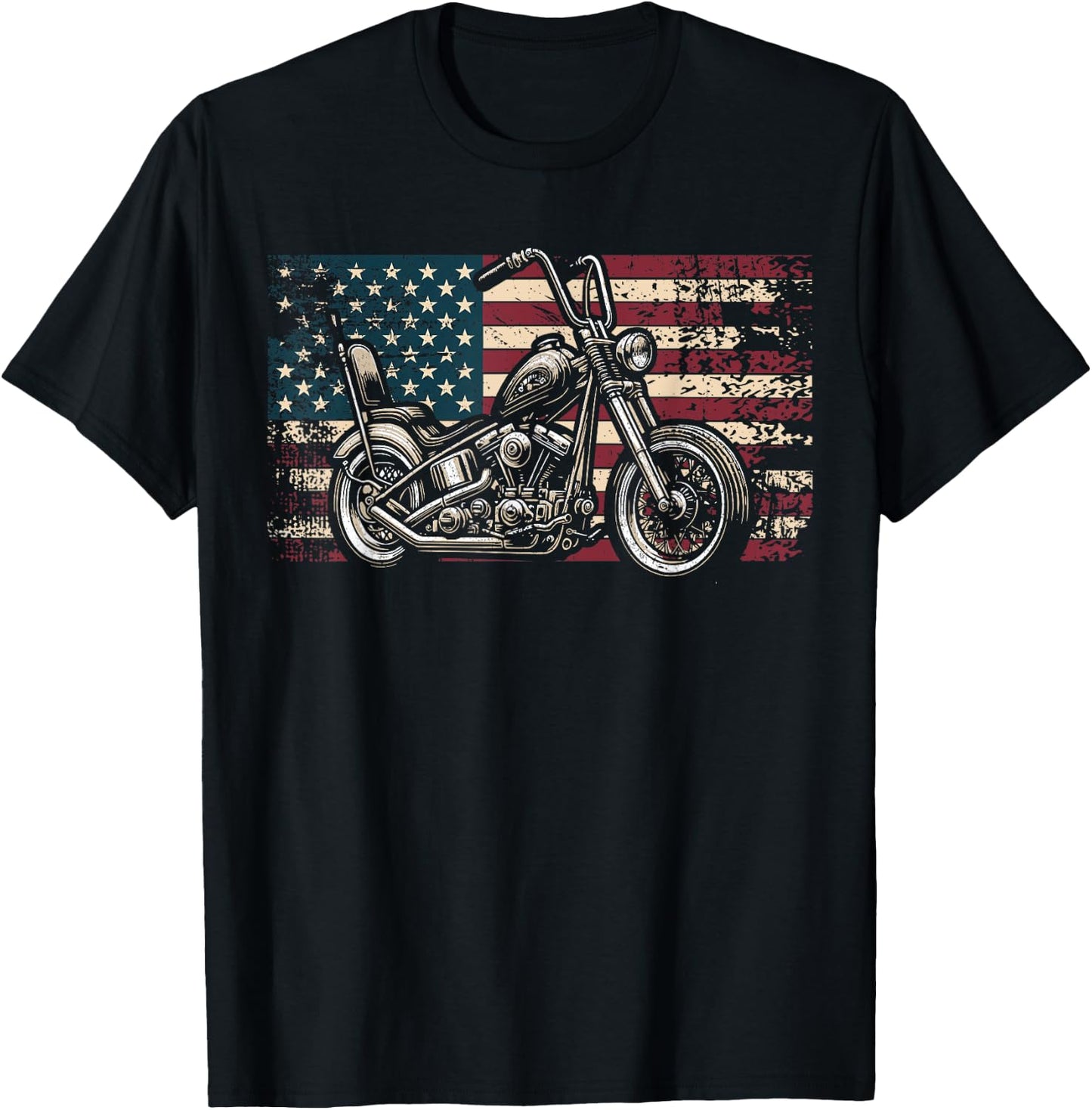 Old Motorcycle American Flag Patriotic Biker USA Flag T-Shirt - T-Shirt | Black