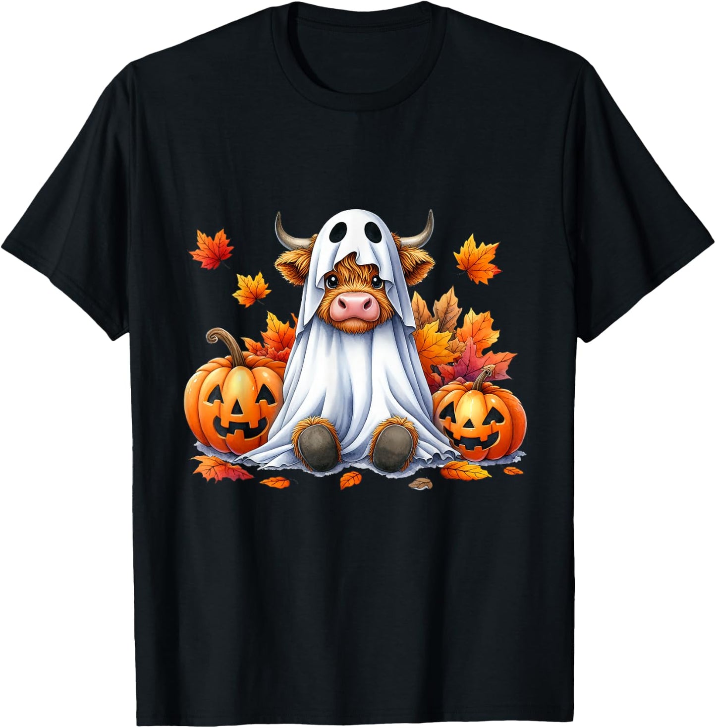 Funny Halloween Highland Cow Ghost Spooky Pumpkin Hello Fall T-Shirt - T-Shirt | Black