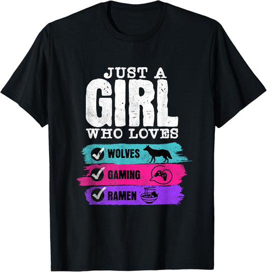 Wolves Gaming Ramen Just a Girl Who Loves Cute Purple Pink T-Shirt - T-Shirt | Black