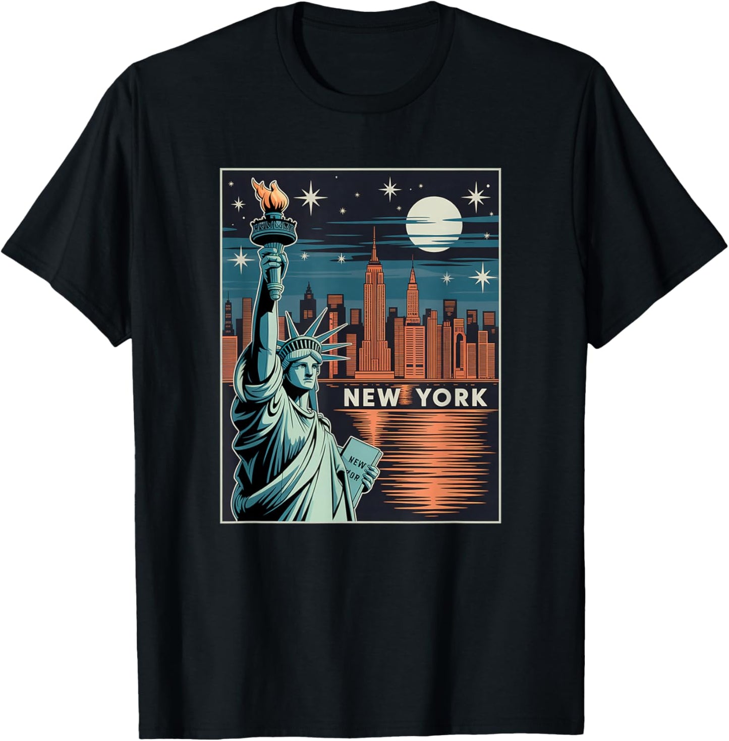 New York Skyline Reflection Liberty Poster-Style Illustratio T-Shirt - T-Shirt | Black
