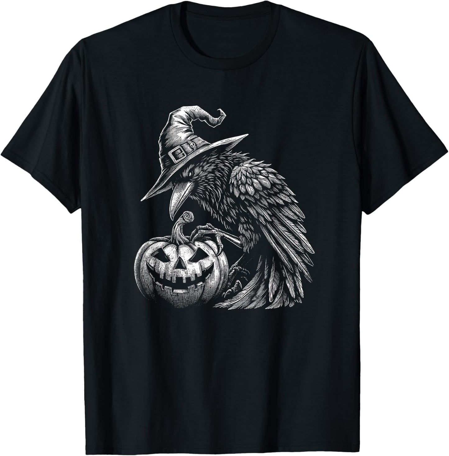 Goth Halloween Raven With Wizard Hat Art Crow Design T-Shirt - T-Shirt | Black