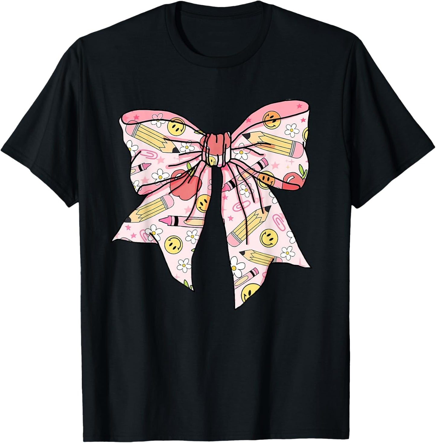 Coquette Bow Teacher Student Happy First Day Back to School T-Shirt - T-Shirt | Black