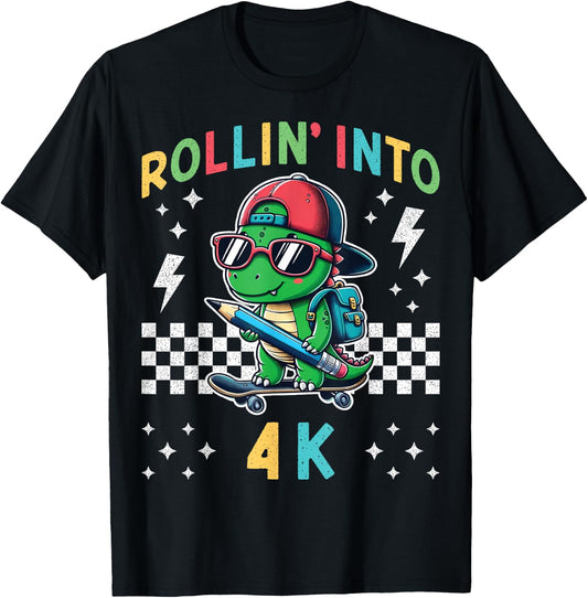 Rollin Into 4K Dinosaur First Day of Pre K 4 Im Ready for 4K T-Shirt - T-Shirt | Black