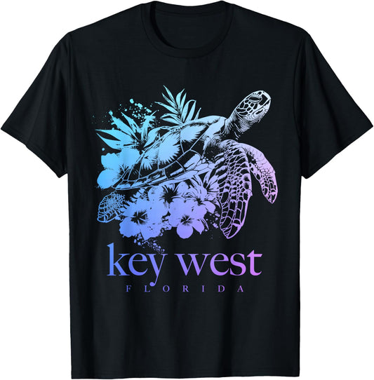 Key West Florida Sea Turtle Flowers Surfer Souvenir T-Shirt - T-Shirt | Black