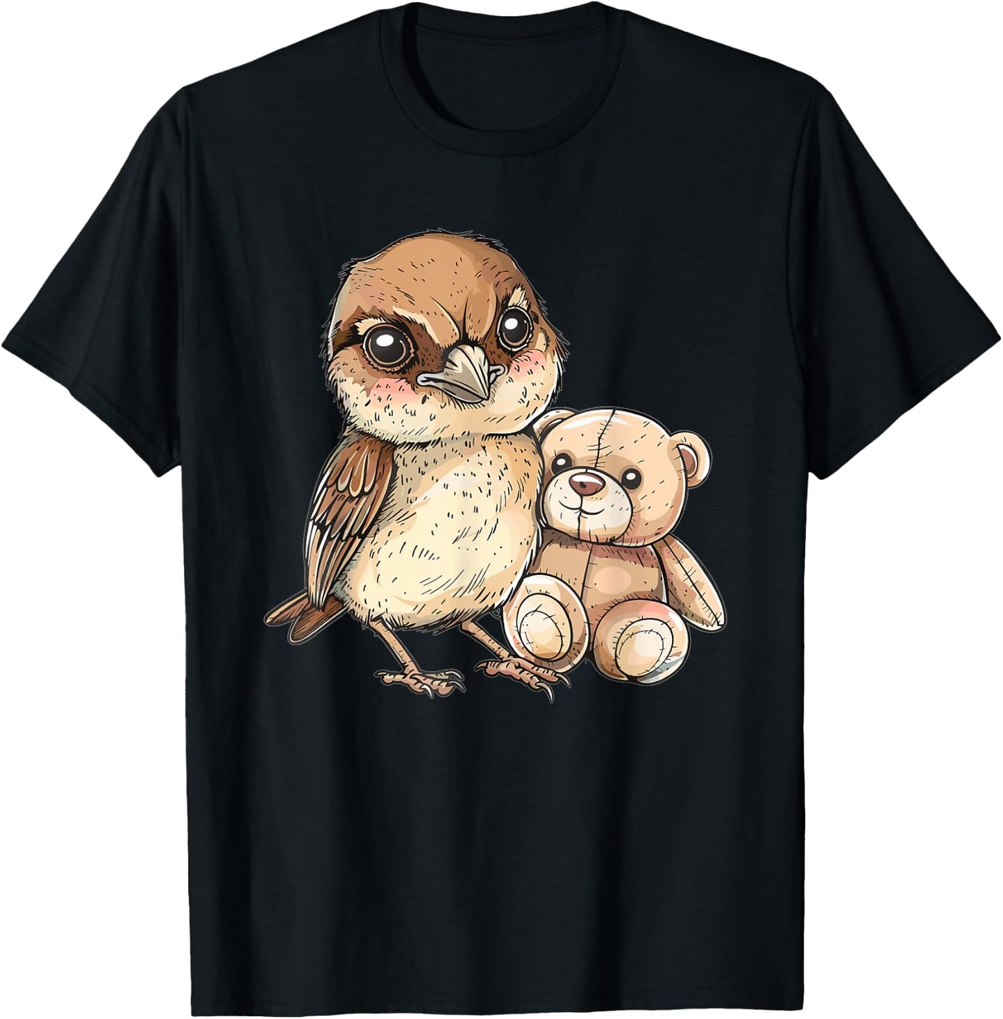 Cute Sparrow With Teddy Bear I Sparrow T-Shirt - T-Shirt | Black