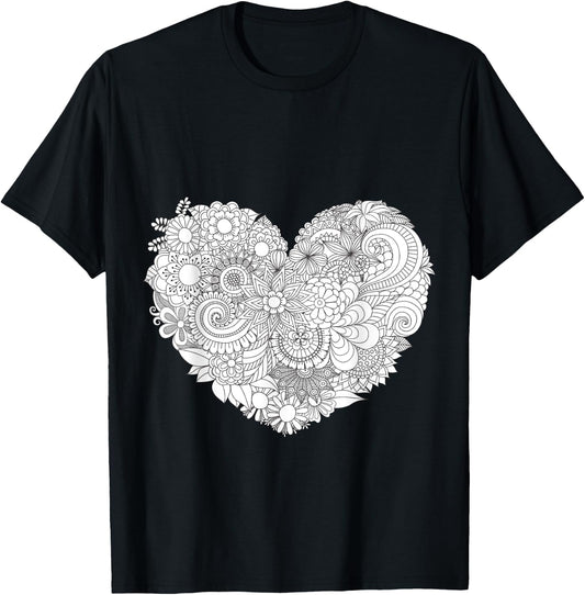 Flower Heart - Color Your Own Colorific Design - White T-Shirt - T-Shirt | Black