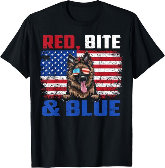 Red Bite Blue Long-Haired German Shepherd Dog 4th Of July T-Shirt - T-Shirt | Black