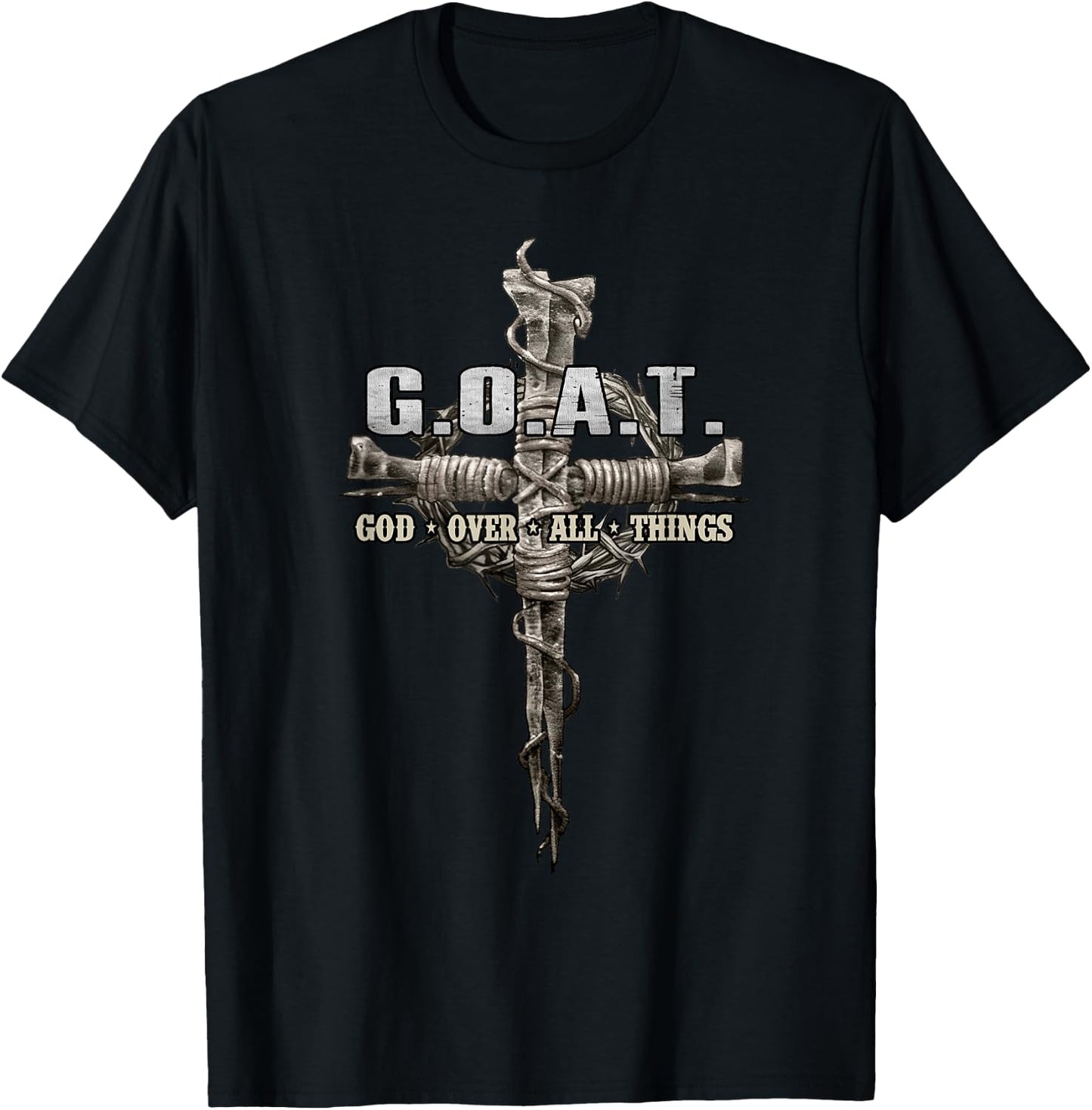 Savitan Shop G.O.A.T. Goat Over All Things Vintage Christ Cross Bible God -Adults Black T-Shirt - T-Shirt | Black