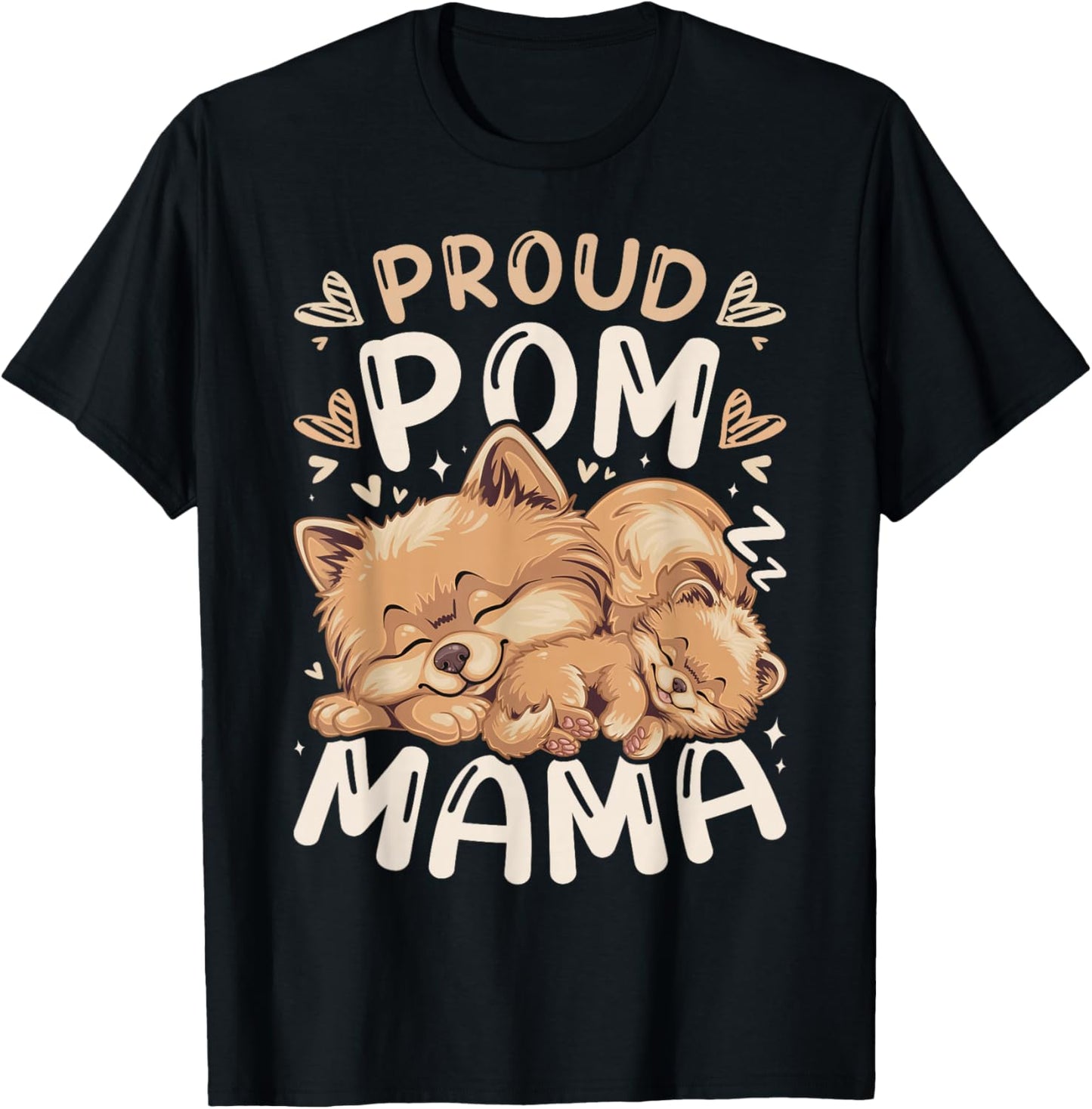 Proud Pom Mama, Pomeranian Dog Mother sleeps with Puppy T-Shirt - T-Shirt | Black
