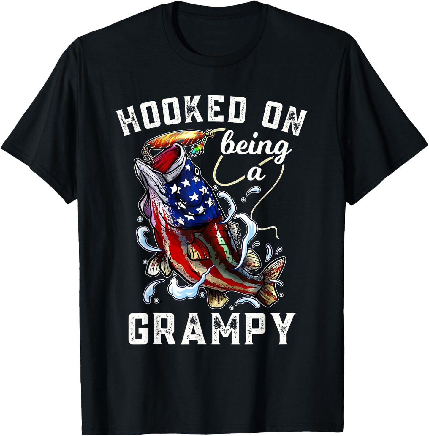 Hooked On Being A Grampy 4th Of July Fishing Grandpa T-Shirt - T-Shirt | Black