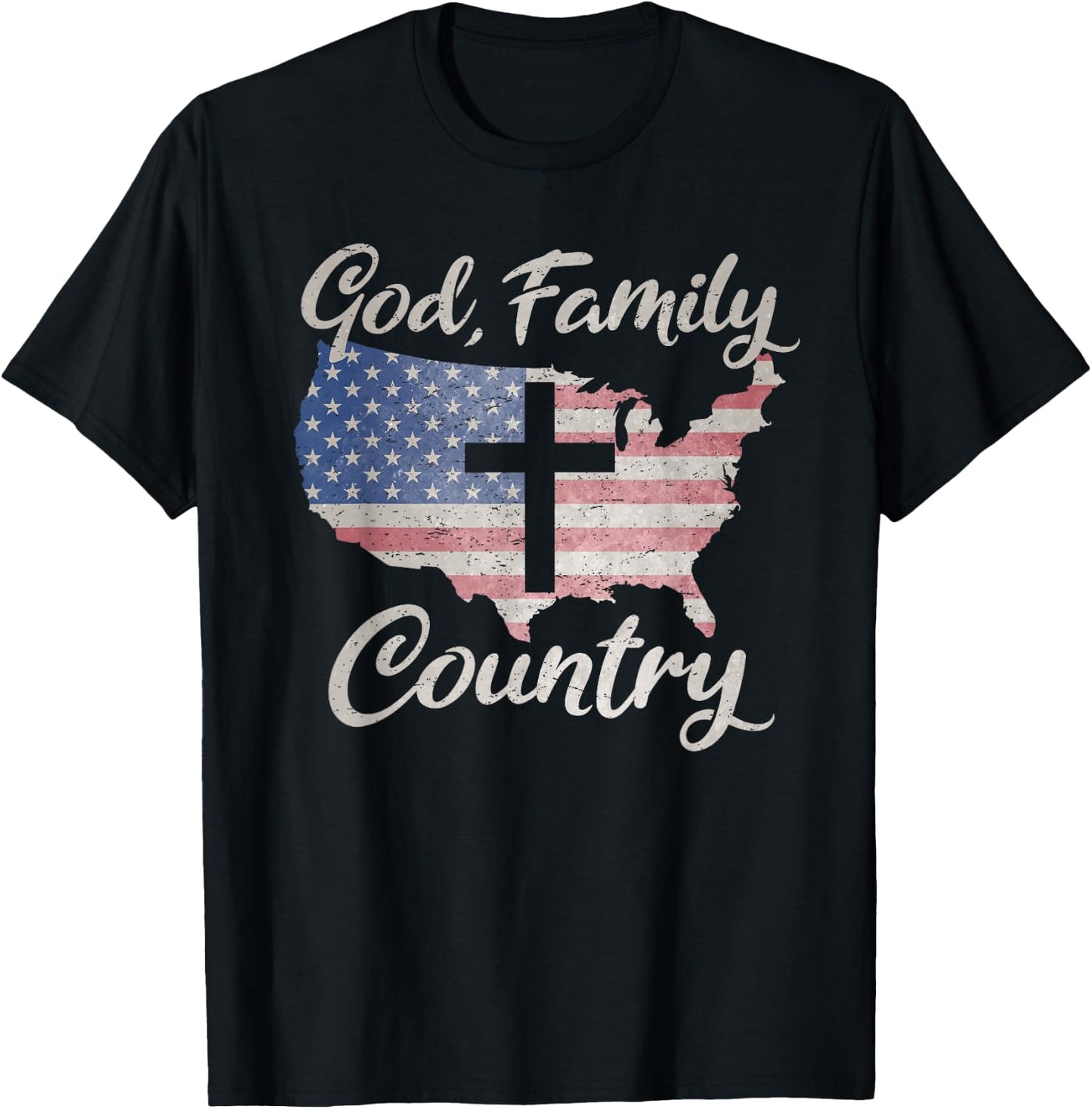 GOD FAMILY COUNTRY Christian Cross Vintage USA American Flag Women Kids Men T-Shirt - T-Shirt | Black