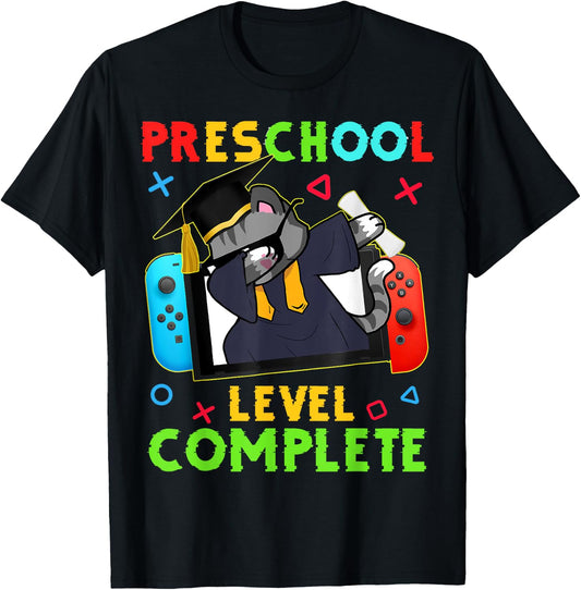 Preschool Level Complete Graduation 2024 PreK Gamer Cat Kids T-Shirt - T-Shirt | Black